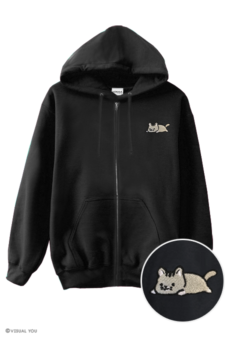 Relaxing Kitty Embroidered Zip-Up Hoodie