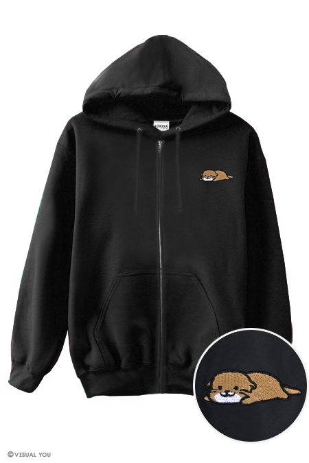 Relaxing Otter Embroidered Zip-Up Hoodie