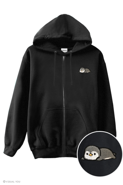 Relaxing Penguin Embroidered Zip-Up Hoodie