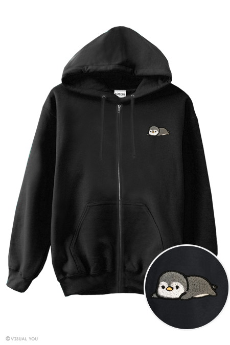 Relaxing Penguin Embroidered Zip Up Hoodie Visual You
