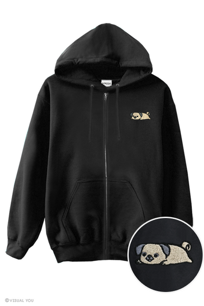 Relaxing Pug Embroidered Zip-Up Hoodie