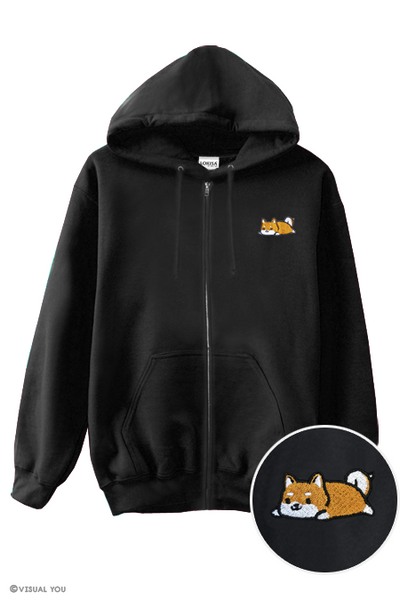 Relaxing Red Shiba Inu Embroidered Zip-Up Hoodie