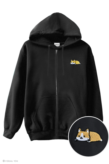 Relaxing Tan Corgi Embroidered Zip-Up Hoodie