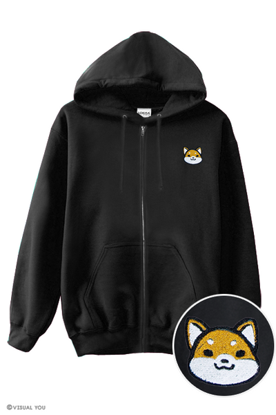 Cute Shiba Inu Head Embroidered Zip-Up Hoodie