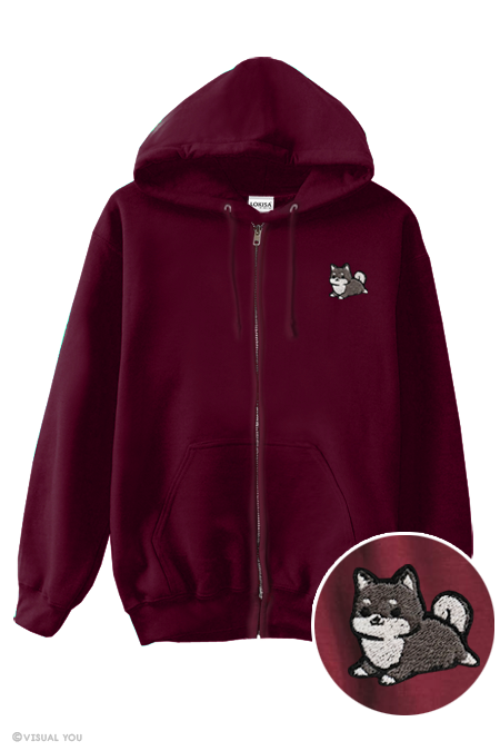 Chubby Tubby Black Shiba Inu Embroidered Zip-Up Hoodie