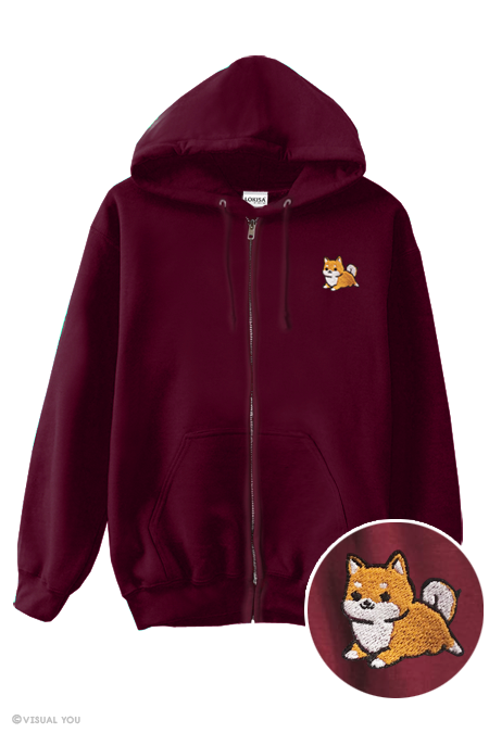 Chubby Tubby Red Shiba Inu Embroidered Zip-Up Hoodie