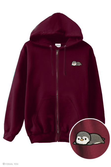 Relaxing Penguin Embroidered Zip-Up Hoodie