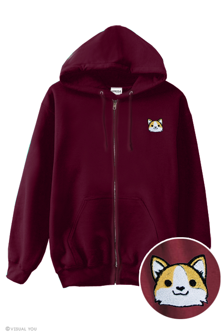 Cute Corgi Head Embroidered Zip-Up Hoodie