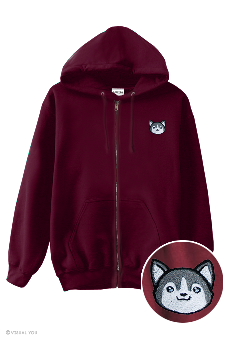 Cute Husky Head Embroidered Zip-Up Hoodie