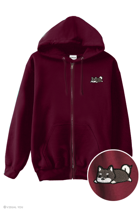 Relaxing Black Shiba Inu Embroidered Zip-Up Hoodie
