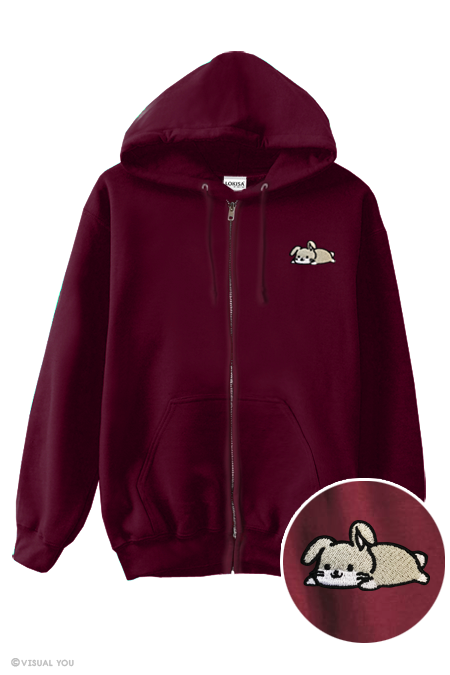 Relaxing Bunny Rabbit Embroidered Zip-Up Hoodie