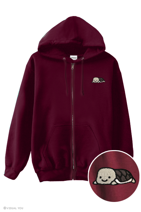 Relaxing Turtle Embroidered Zip-Up Hoodie