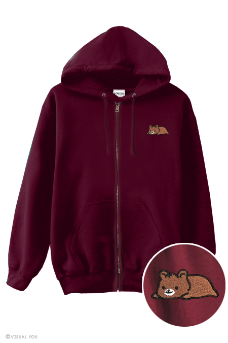 Relaxing Grizzly Bear Embroidered Zip-Up Hoodie