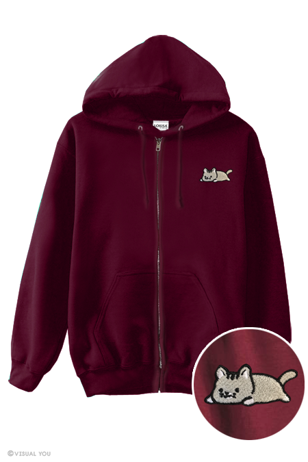 Relaxing Kitty Embroidered Zip-Up Hoodie