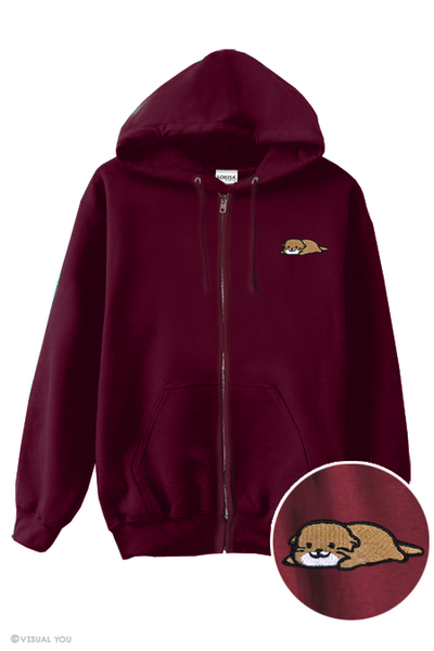 Relaxing Otter Embroidered Zip-Up Hoodie