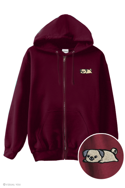 Relaxing Pug Embroidered Zip-Up Hoodie