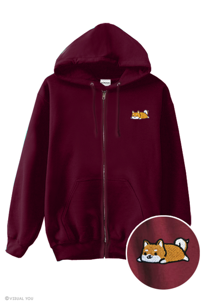 Relaxing Red Shiba Inu Embroidered Zip-Up Hoodie