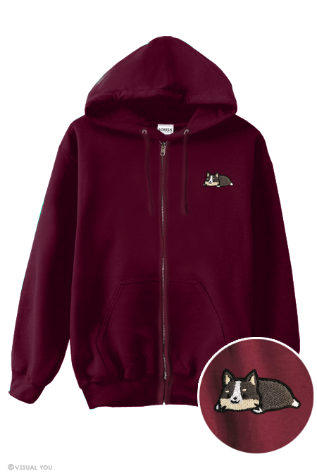 Relaxing Tri Color Corgi Embroidered Zip-Up Hoodie