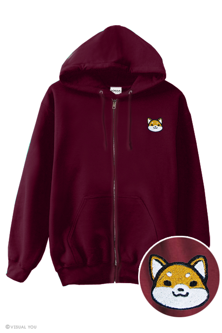 Cute Shiba Inu Head Embroidered Zip-Up Hoodie