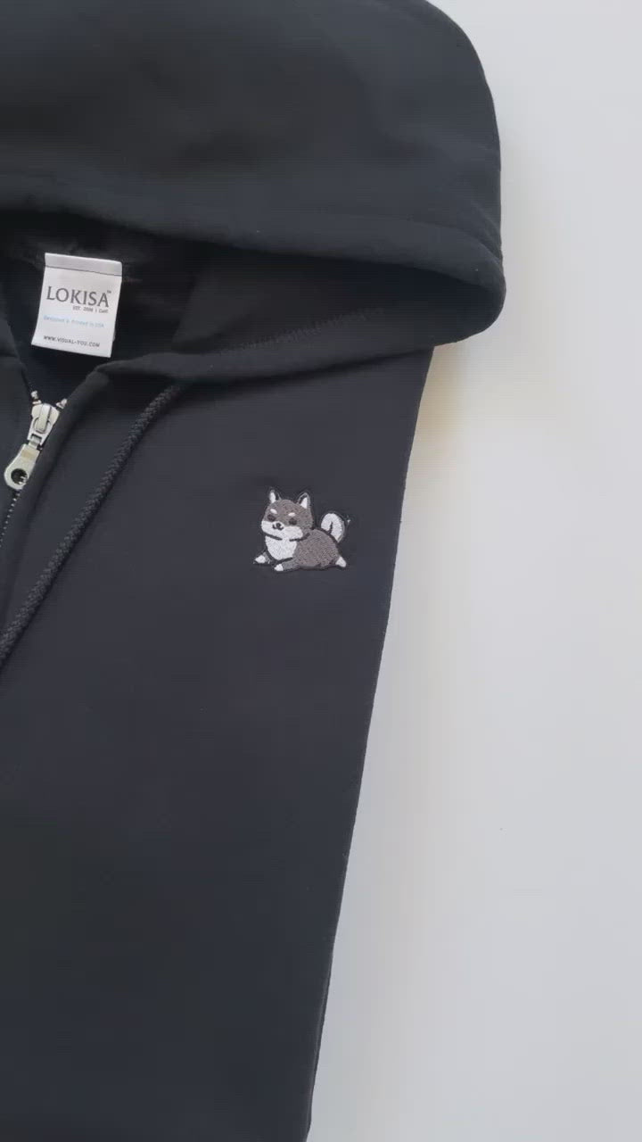 Chubby Tubby Black Shiba Inu Embroidered Zip-Up Hoodie
