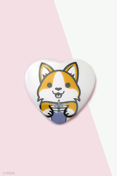 Boba Corgi Bubble Tea Heart Button