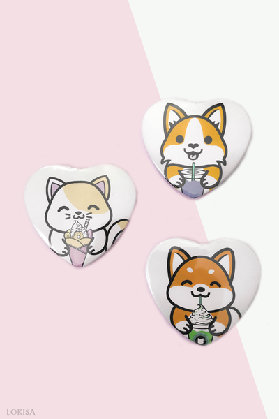 Boba Corgi Bubble Tea Heart Button