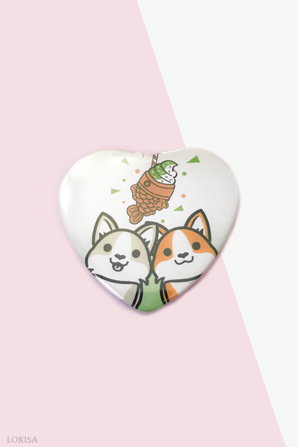 Taiyaki Ice Cream Fish Cake Corgis Heart Button - Green