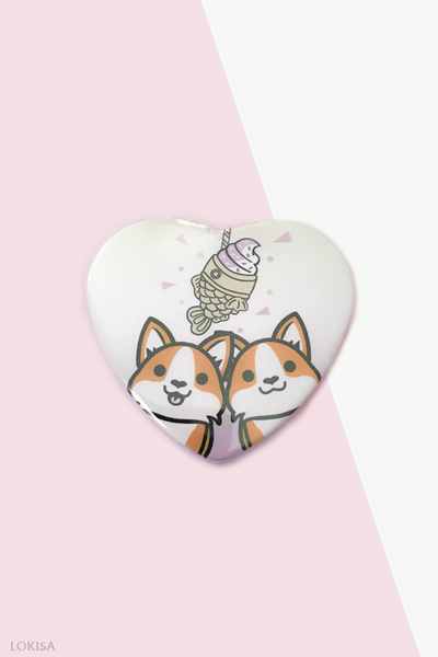 Taiyaki Ice Cream Fish Cake Corgis Heart Button - Pink