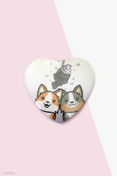 Taiyaki Ice Cream Fish Cake Corgis Heart Button - Purple