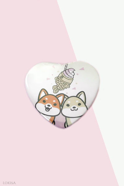 Taiyaki Ice Cream Fish Cake Shiba Inus Heart Button - Pink