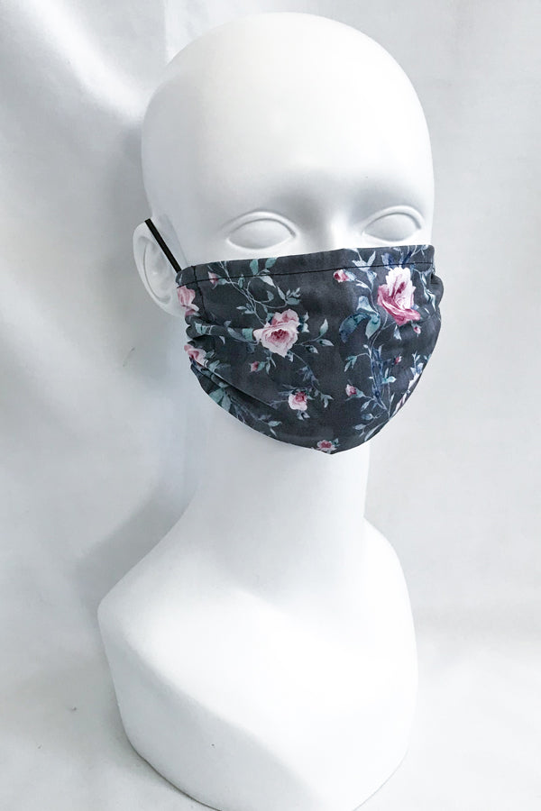 Burgundy Rose Flower on Gray/Black Cotton Fabric Face Mask