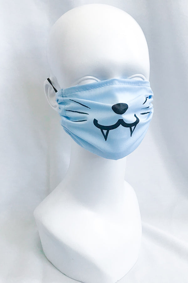Cute Kitty Face Mask (with Fangs) - Mint or Light Blue