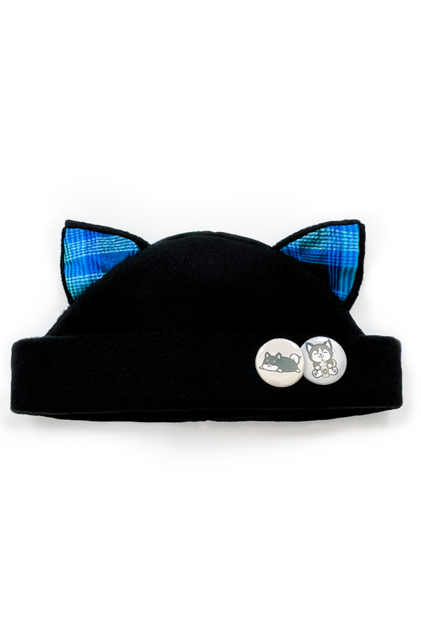 Cat Kitty Glitter Blue Plaid Fleece Hat