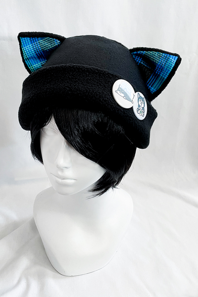 Cat Kitty Glitter Blue Plaid Fleece Hat